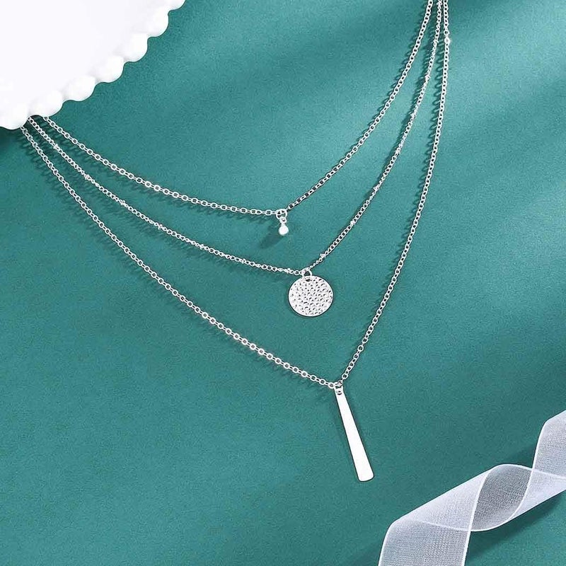 Yalice Multi-Layered Disc Necklace Chain Bar Drop Pendant Necklaces Coin Jewelry for Women (Silver) - Image 3